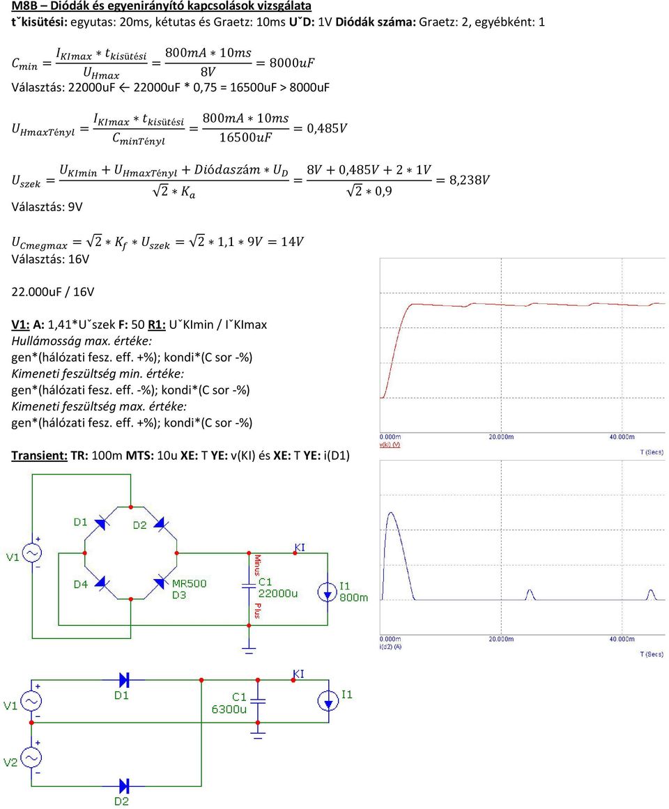 000uF / 16V V1: A: 1,41*Uˇszek F: 50 R1: UˇKImin / IˇKImax Hullámosság max. értéke: gen*(hálózati fesz. eff. +%); kondi*(c sor -%) Kimeneti feszültség min.