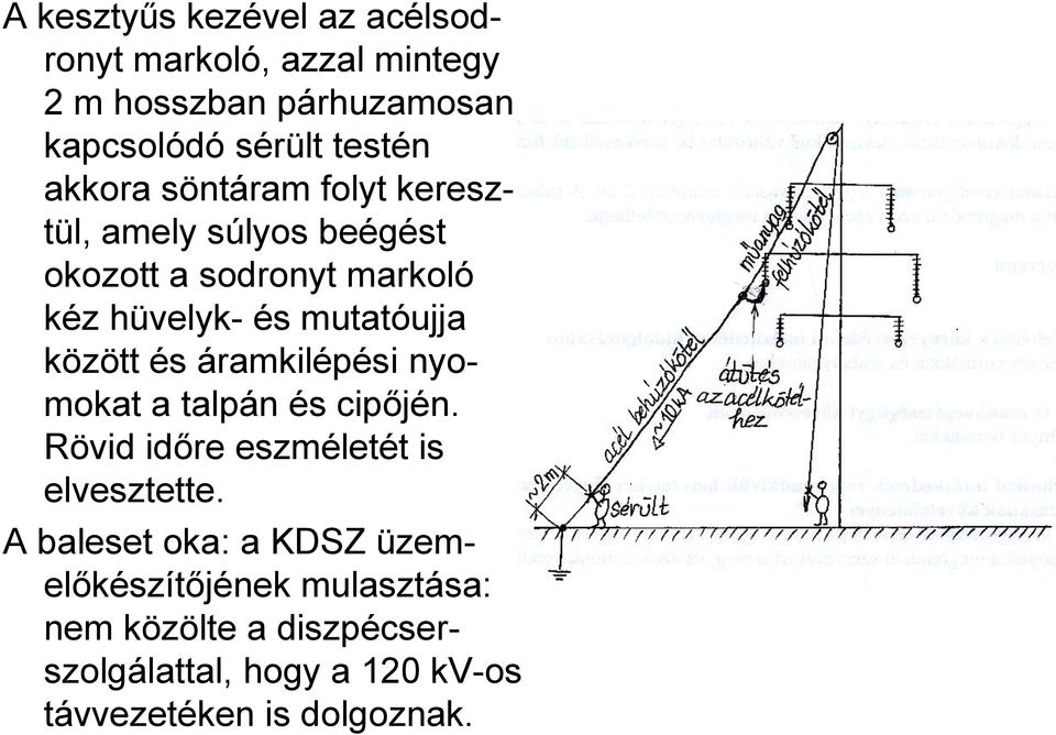 között és áramkilépési nyomokat a talpán és cipőjén. Rövid időre eszméletét is elvesztette.