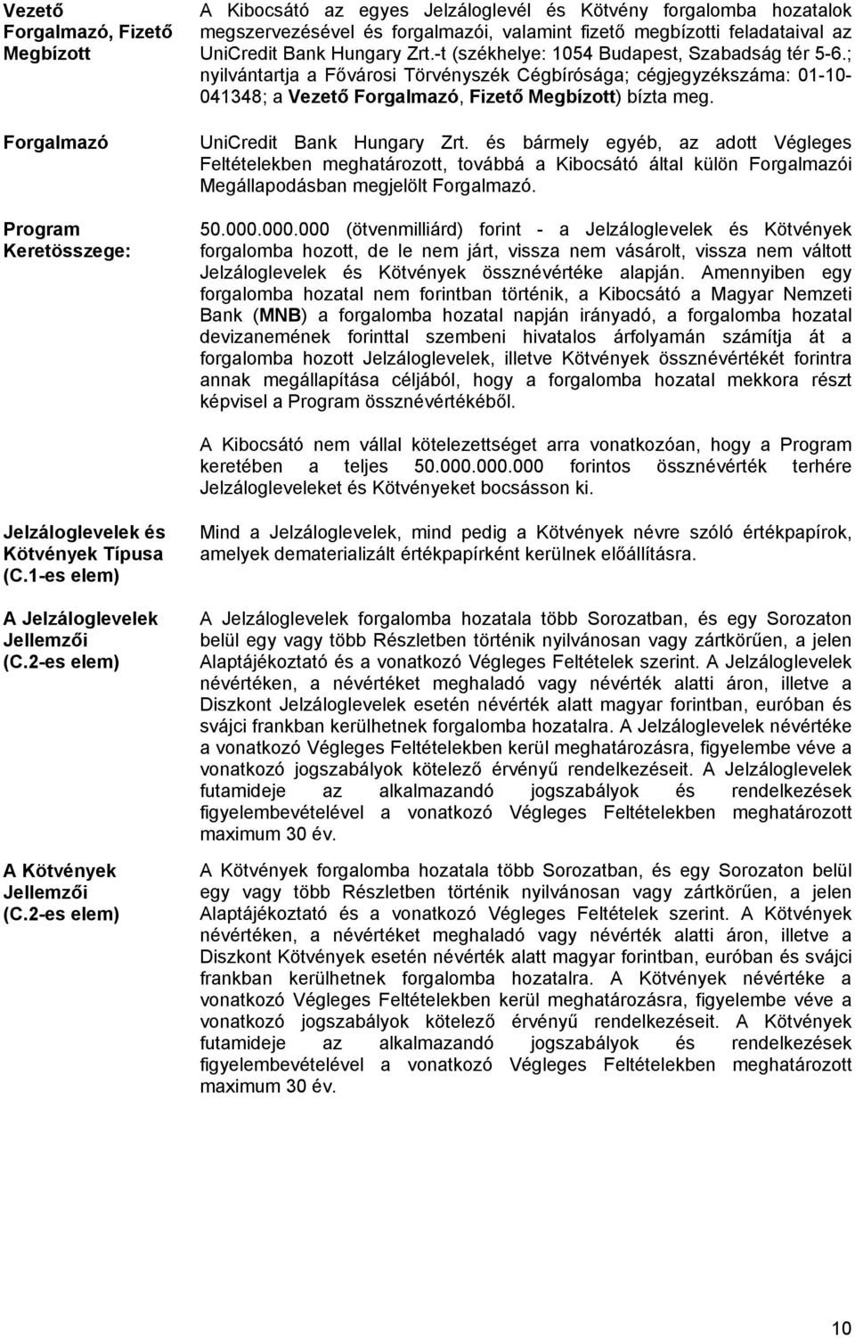 ; nyilvántartja a Fővárosi Törvényszék Cégbírósága; cégjegyzékszáma: 01-10- 041348; a Vezető Forgalmazó, Fizető Megbízott) bízta meg. UniCredit Bank Hungary Zrt.