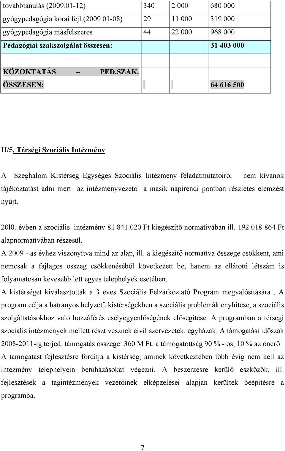 Térségi Szociális Intézmény A Szeghalom Kistérség Egységes Szociális Intézmény feladatmutatóiról nem kívánok tájékoztatást adni mert az intézményvezető a másik napirendi pontban részletes elemzést