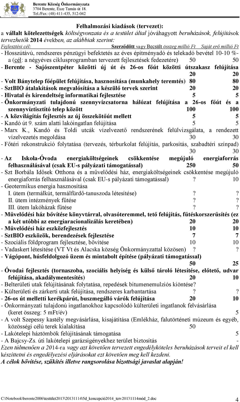 tervezett fejlesztések fedezetére) 50 50 - Berente - Sajószentpéter közötti új út és 26-os főút közötti útszakasz felújítása 20 20 - Volt Bánytelep főépület felújítása, hasznosítása (munkahely