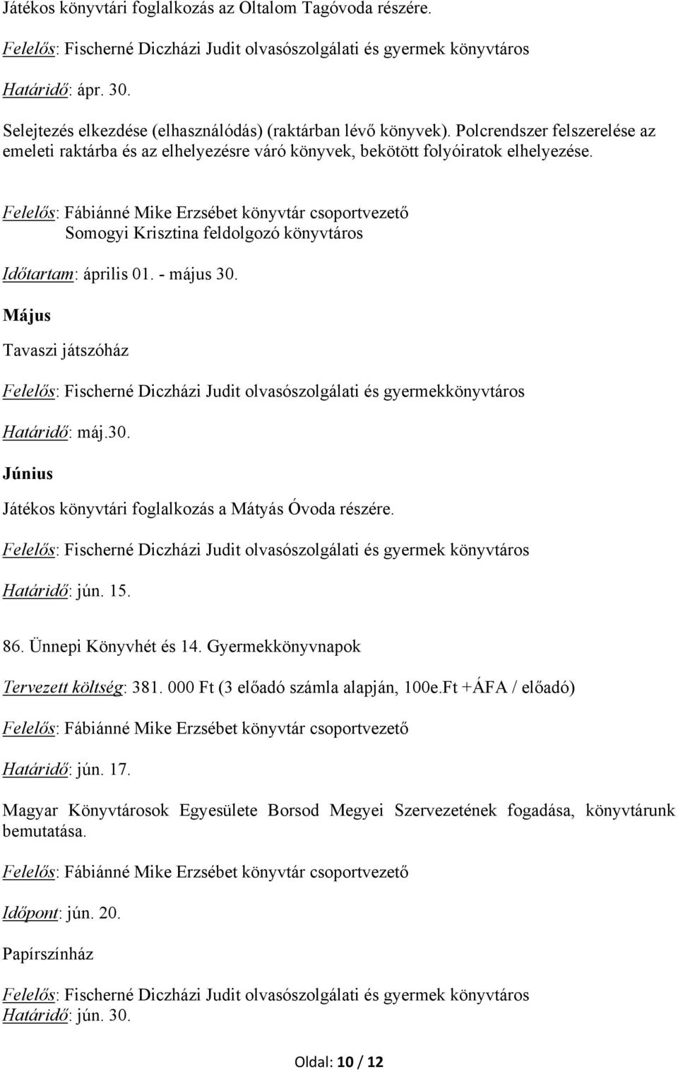 Május Tavaszi játszóház Felelős: Fischerné Diczházi Judit olvasószolgálati és gyermekkönyvtáros Határidő: máj.30. Június Játékos könyvtári foglalkozás a Mátyás Óvoda részére. Határidő: jún. 15. 86.