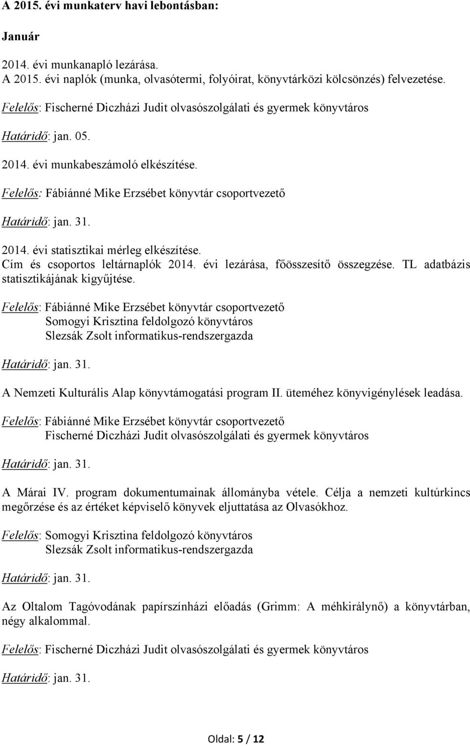 Somogyi Krisztina feldolgozó könyvtáros Slezsák Zsolt informatikus-rendszergazda Határidő: jan. 31. A Nemzeti Kulturális Alap könyvtámogatási program II. üteméhez könyvigénylések leadása.