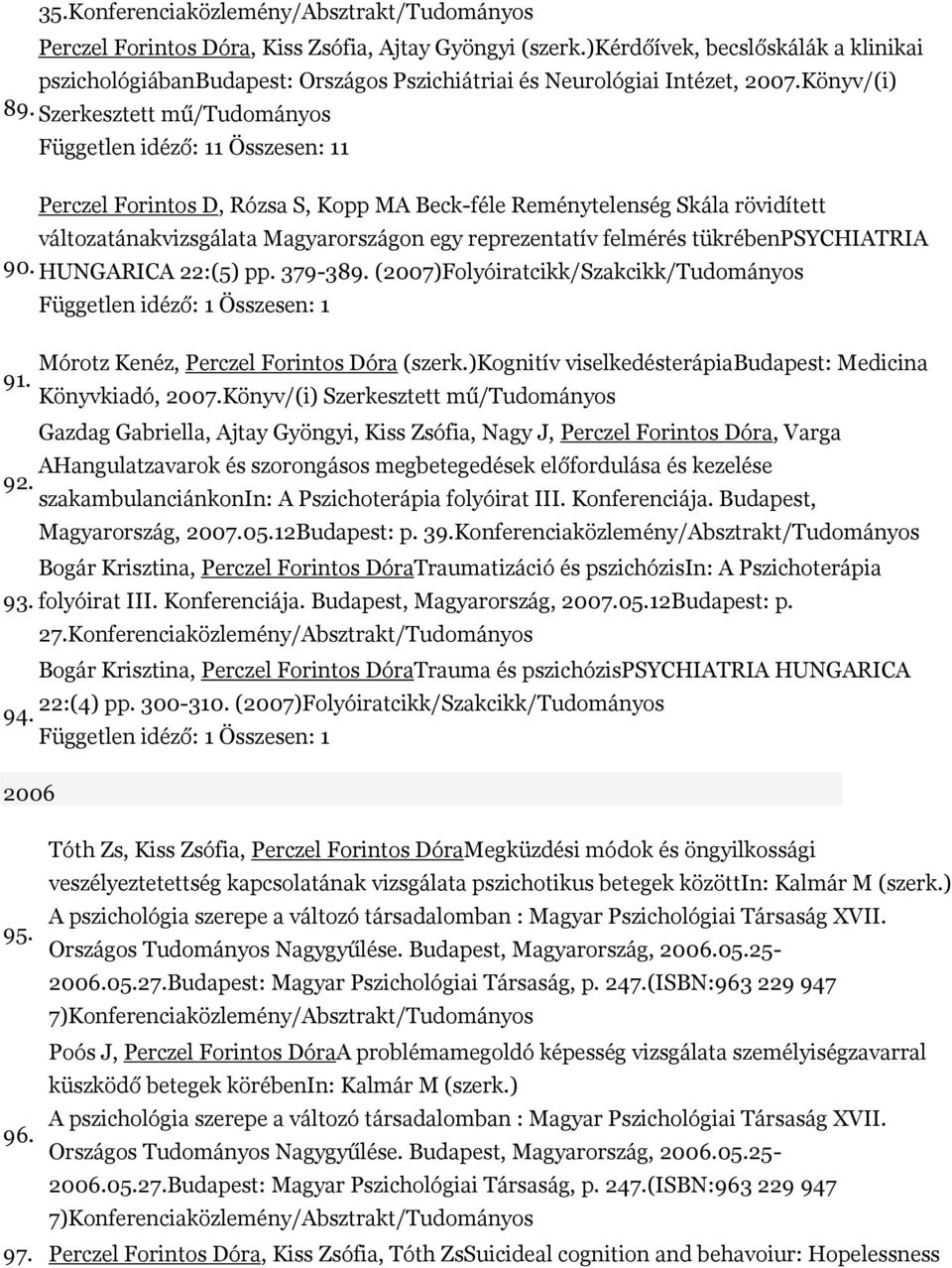 Szerkesztett mű/tudományos Független idéző: 11 Összesen: 11 Perczel Forintos D, Rózsa S, Kopp MA Beck-féle Reménytelenség Skála rövidített változatánakvizsgálata Magyarországon egy reprezentatív