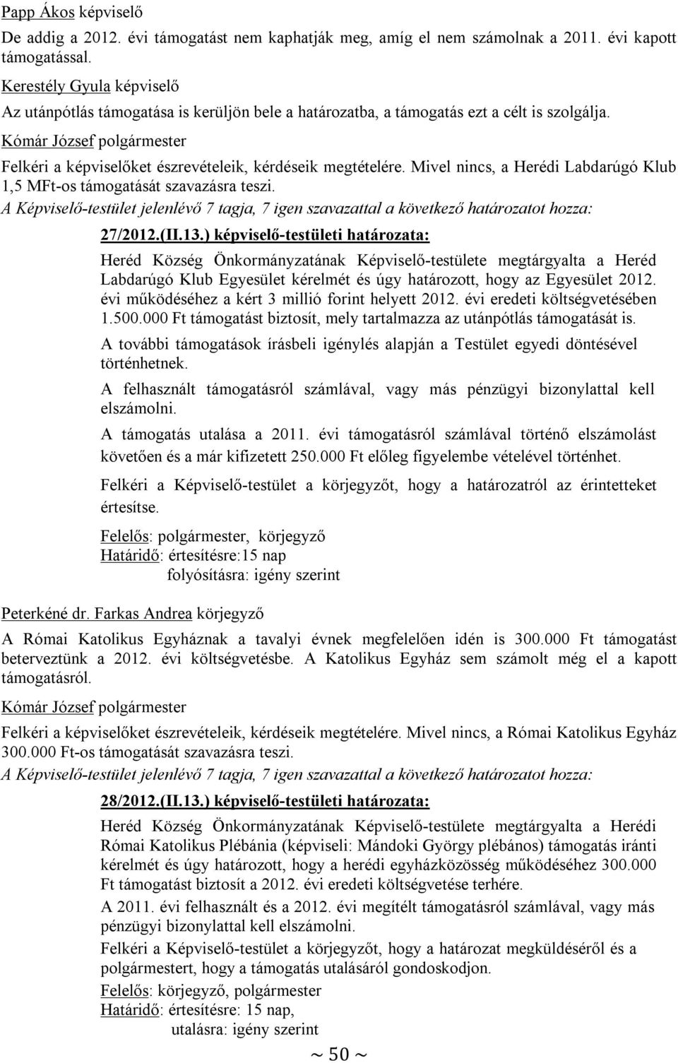 Mivel nincs, a Herédi Labdarúgó Klub 1,5 MFt-os támogatását szavazásra teszi. A Képviselő-testület jelenlévő 7 tagja, 7 igen szavazattal a következő határozatot hozza: 27/2012.(II.13.