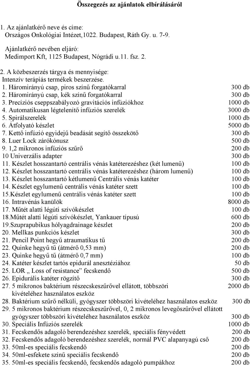 Precíziós cseppszabályozó gravitációs infúziókhoz 1000 db 4. Automatikusan légtelenítő infúziós szerelék 3000 db 5. Spirálszerelék 1000 db 6. Átfolyató készlet 5000 db 7.