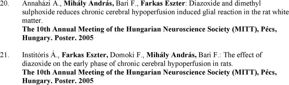 matter. The 10th Annual Meeting of the Hungarian Neuroscience Society (MITT), Pécs, Hungary. Poster. 2005 21. Institóris Á.