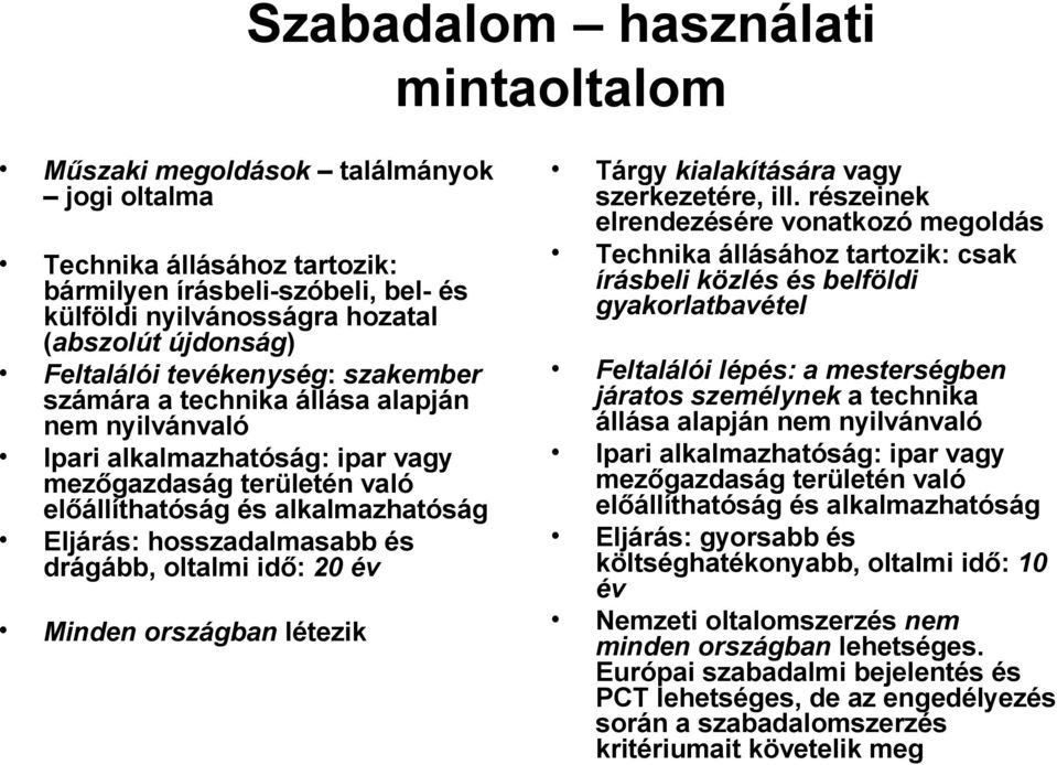 hosszadalmasabb és drágább, oltalmi idő: 20 év Minden országban létezik Tárgy kialakítására vagy szerkezetére, ill.