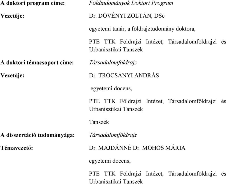 doktori témacsoport címe: Vezetője: Társadalomföldrajz Dr.