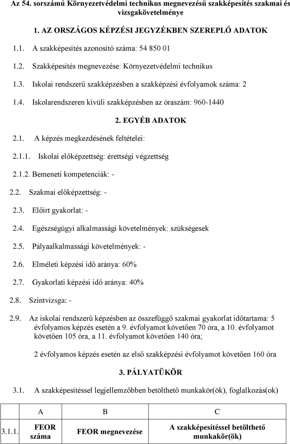 EGYÉB ADATOK 2.1.1. Iskolai előképzettség: érettségi végzettség 2.1.2. Bemeneti kompetenciák: - 2.2. Szakmai előképzettség: - 2.3. Előírt gyakorlat: - 2.4.