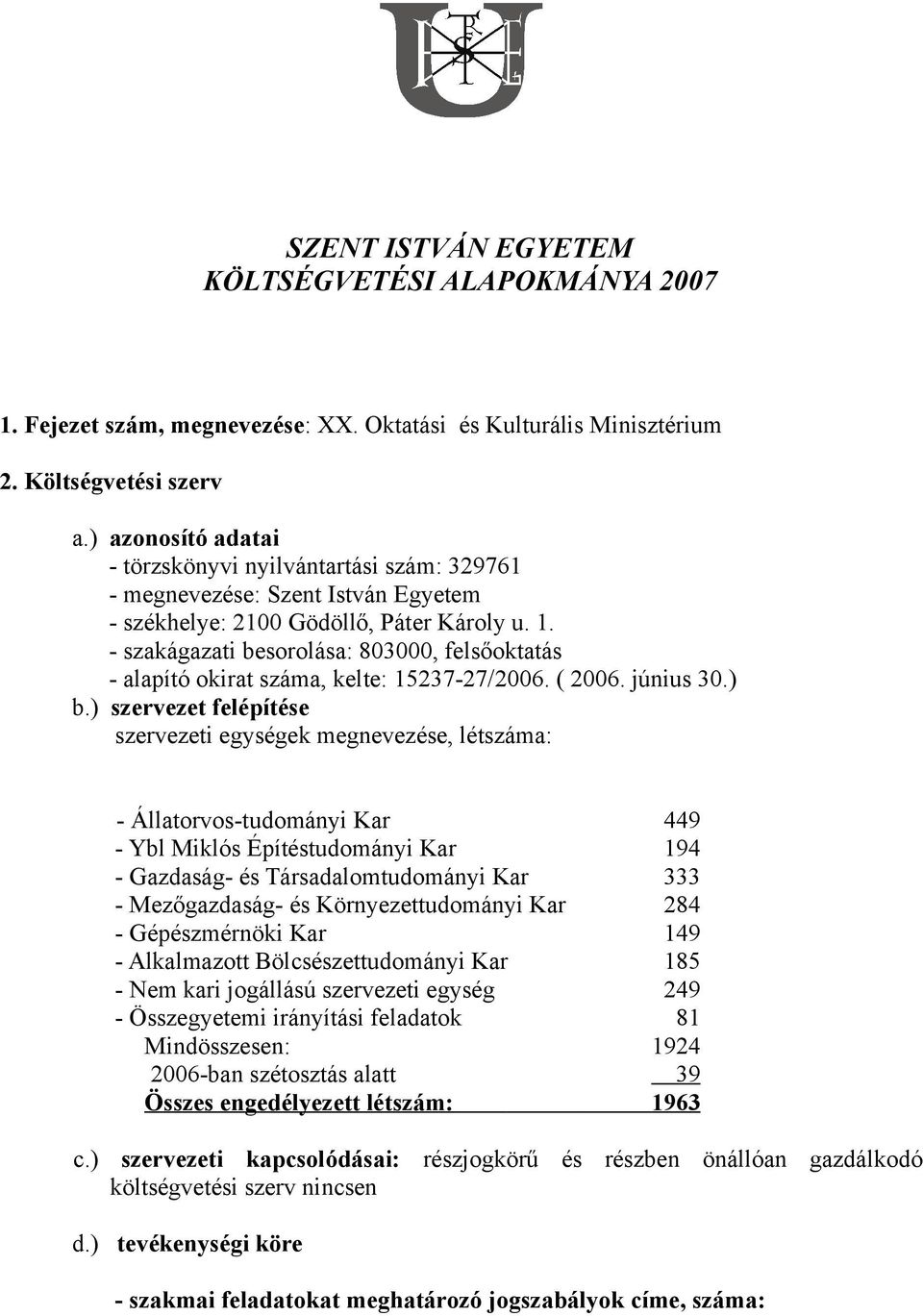 - szakágazati besorolása: 803000, felsőoktatás - alapító okirat száma, kelte: 15237-27/2006. ( 2006. június 30.) b.