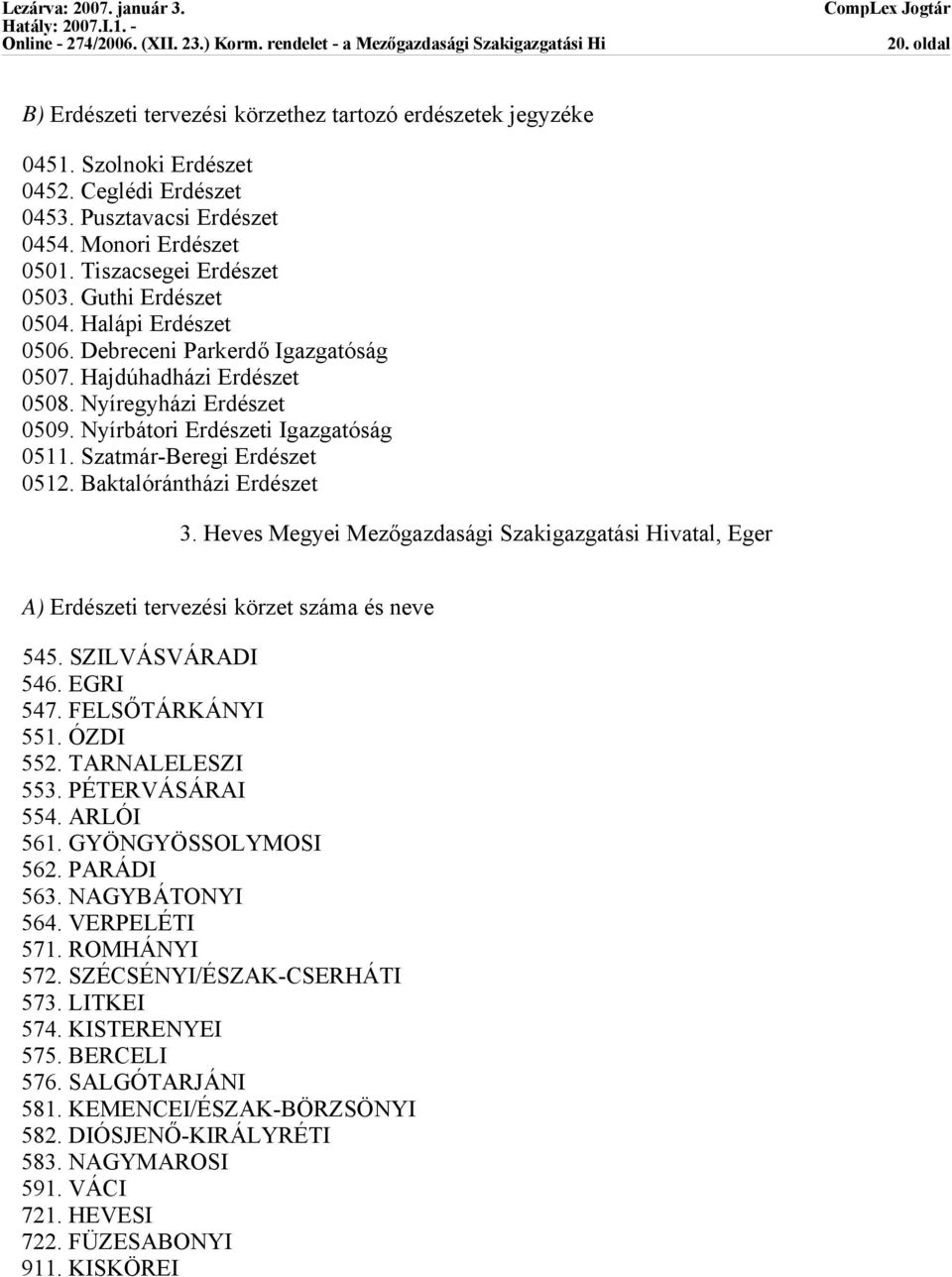 Szatmár-Beregi Erdészet 0512. Baktalórántházi Erdészet 3. Heves Megyei Mezőgazdasági Szakigazgatási Hivatal, Eger A) Erdészeti tervezési körzet száma és neve 545. SZILVÁSVÁRADI 546. EGRI 547.