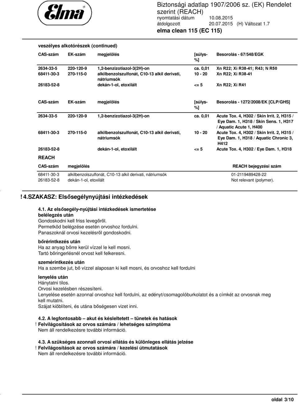 EK-szám megjelölés [súlys- %] Besorolás - 1272/2008/EK [CLP/GHS] 2634-33-5 220-120-9 1,2-benzizotiazol-3(2H)-on ca. 0,01 Acute Tox. 4, H302 / Skin Irrit. 2, H315 / Eye Dam. 1, H318 / Skin Sens.