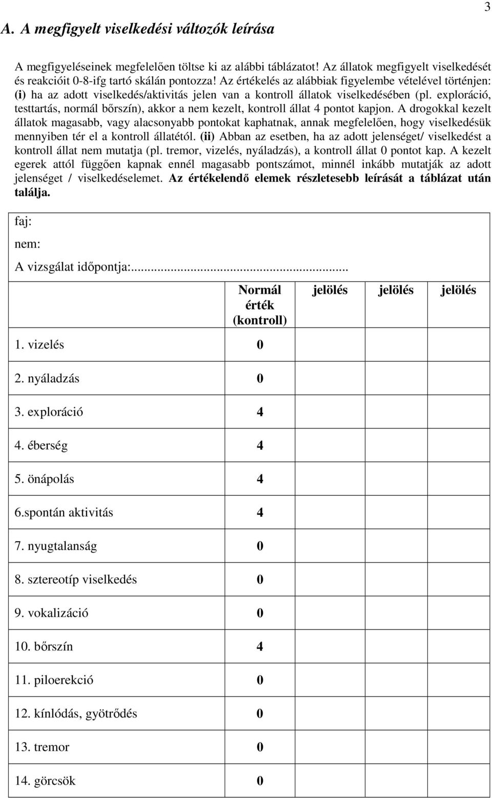 exploráció, testtartás, normál bırszín), akkor a nem kezelt, kontroll állat 4 pontot kapjon.