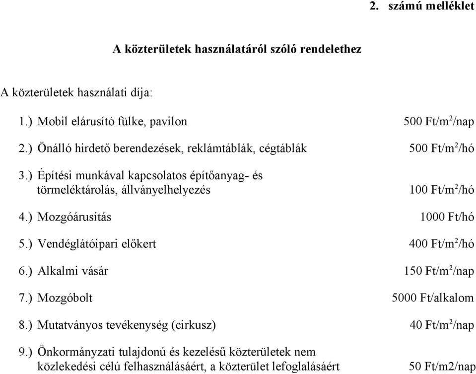 ) Építési munkával kapcsolatos építőanyag- és törmeléktárolás, állványelhelyezés 100 Ft/m 2 /hó 4.) Mozgóárusítás 1000 Ft/hó 5.