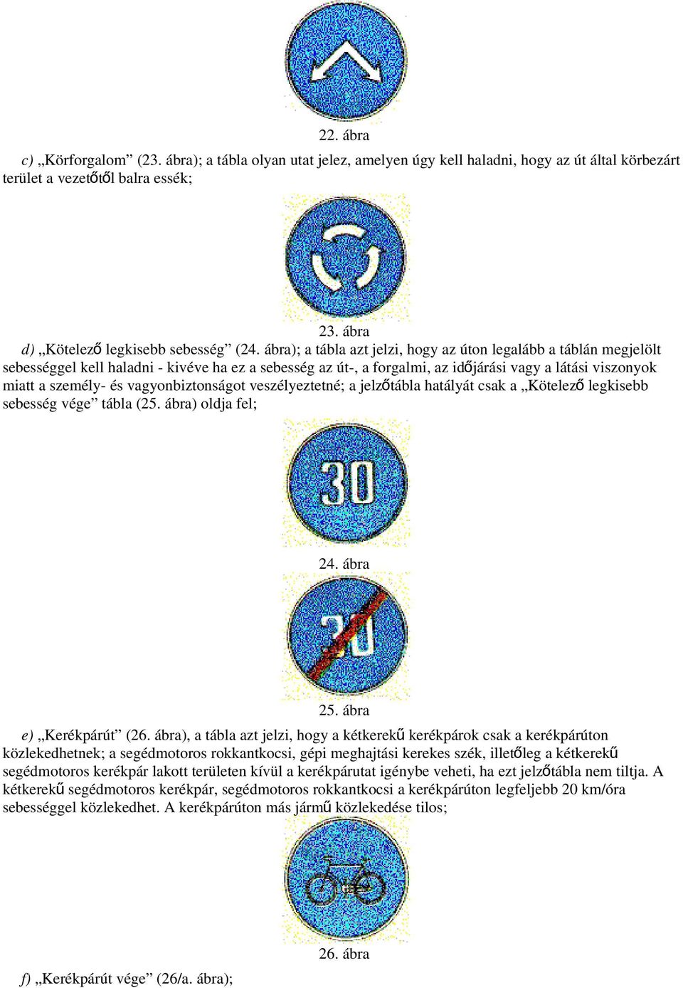 vagyonbiztonságot veszélyeztetné; a jelzőtábla hatályát csak a Kötelező legkisebb sebesség vége tábla (25. ábra) oldja fel; 24. ábra 25. ábra e) Kerékpárút (26.