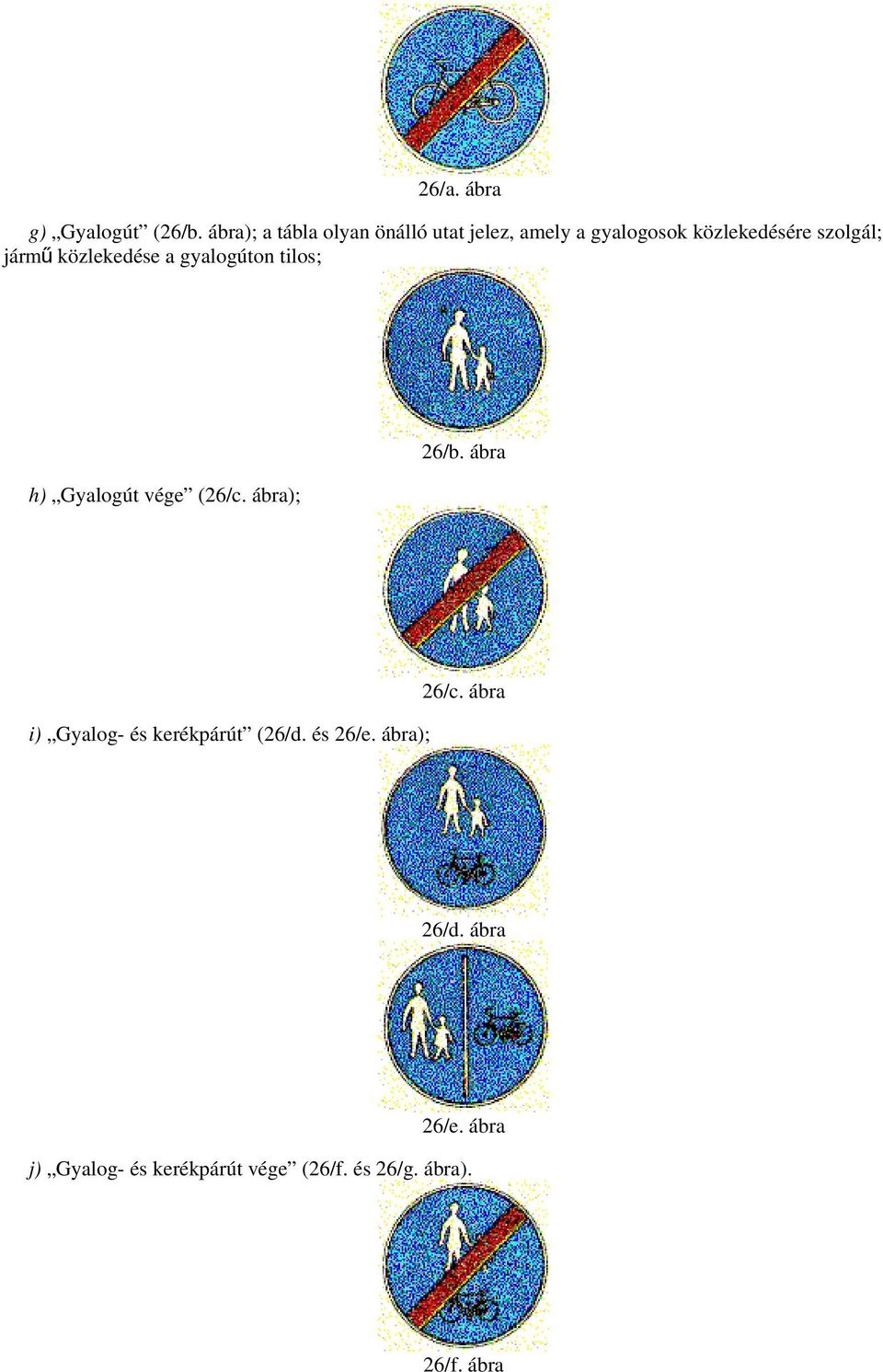jármű közlekedése a gyalogúton tilos; 26/b. ábra h) Gyalogút vége (26/c.
