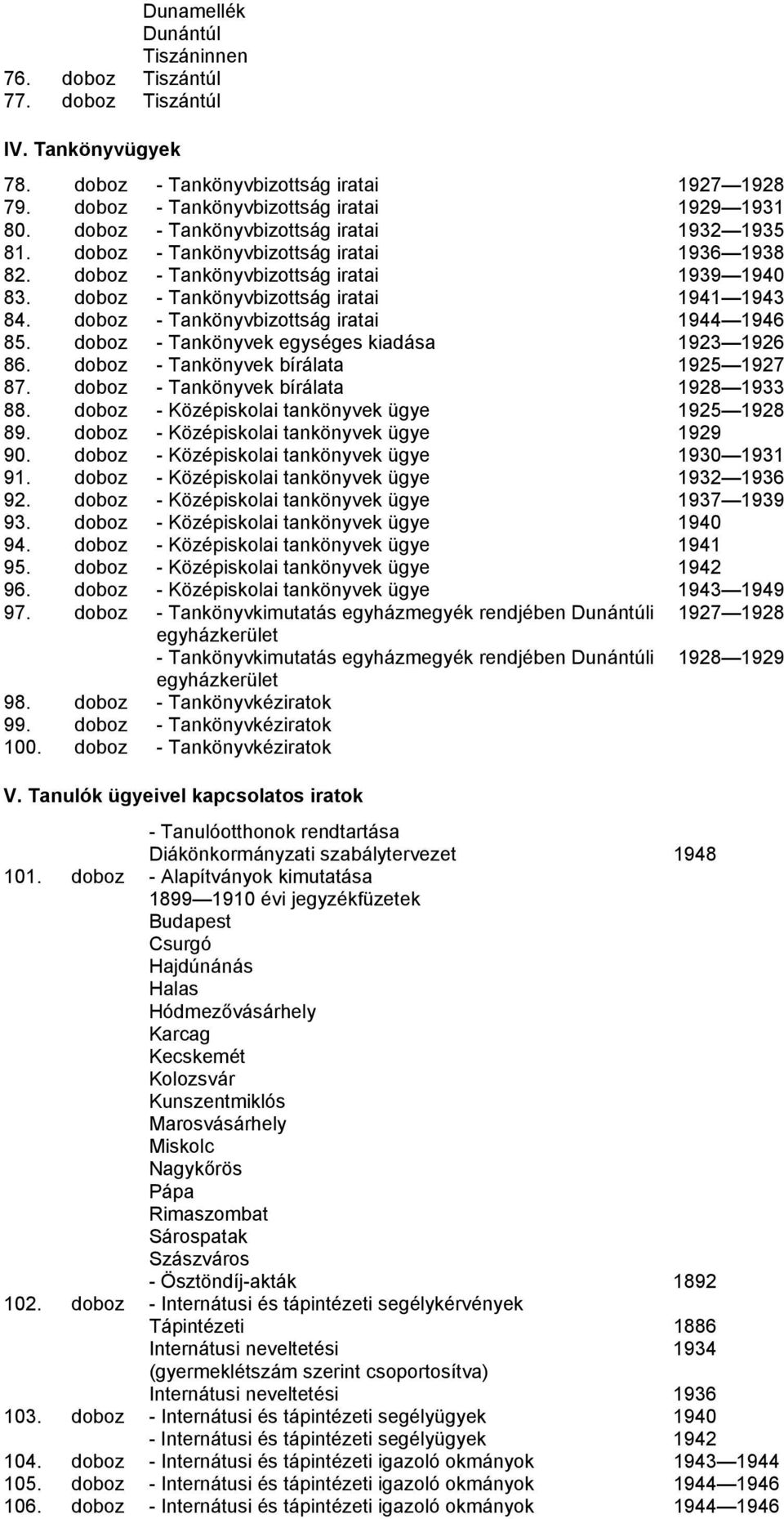 doboz - Tankönyvbizottság iratai 1944 1946 85. doboz - Tankönyvek egységes kiadása 1923 1926 86. doboz - Tankönyvek bírálata 1925 1927 87. doboz - Tankönyvek bírálata 1928 1933 88.