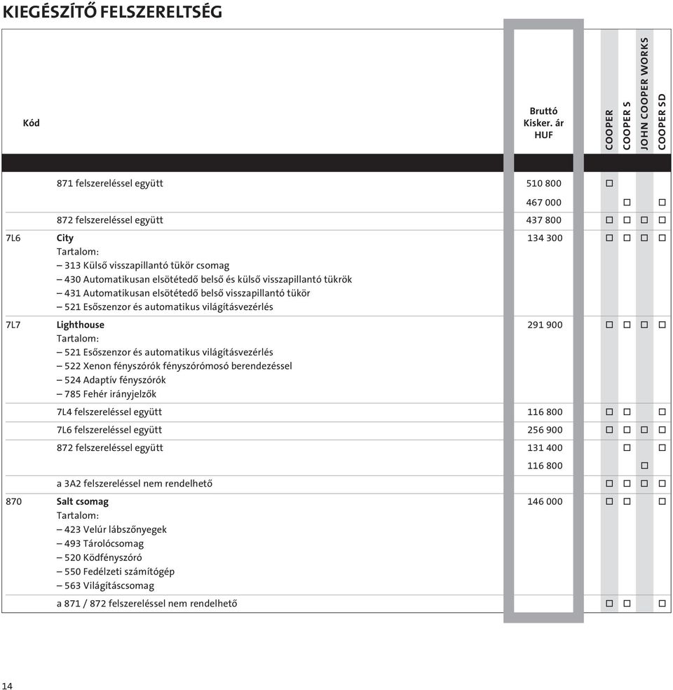 522 Xenn fényszórók fényszórómsó berendezéssel 524 Adaptív fényszórók 785 Fehér irányjelzôk 7L4 felszereléssel együtt 116 800 7L6 felszereléssel együtt 256 900 872 felszereléssel együtt 131 400 116