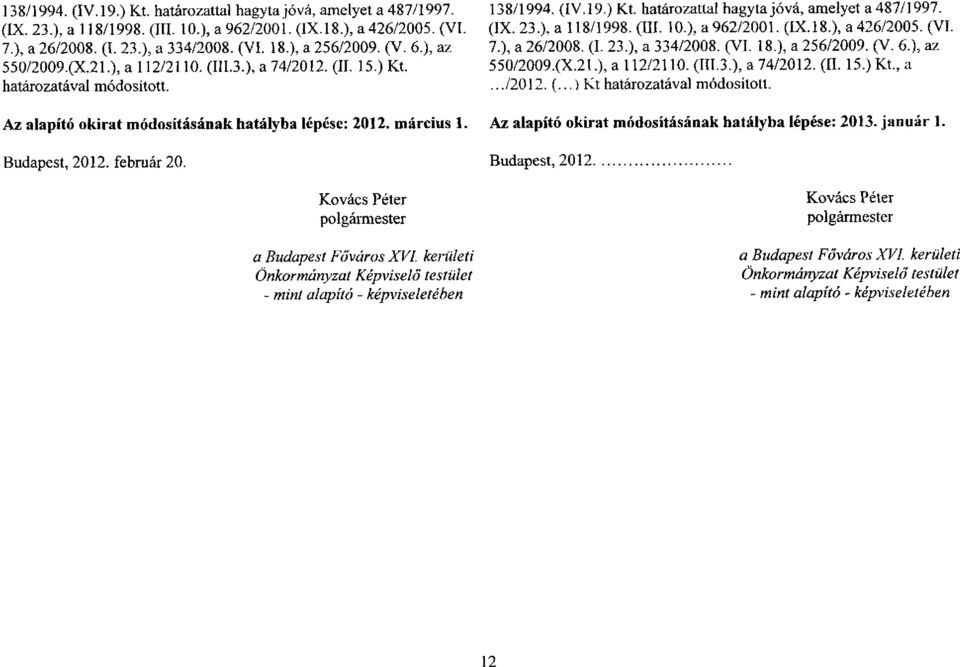 Kovács Péter polgármester a Budapest Főváros XVI. kerületi Önkormányzat Képviselő testület - mint alapító - képviseletében  (V. 6.), az 550/2009.(X.2t.), a 112/2110. (III.3.), a 74/2012. (II. 15.) Kt.