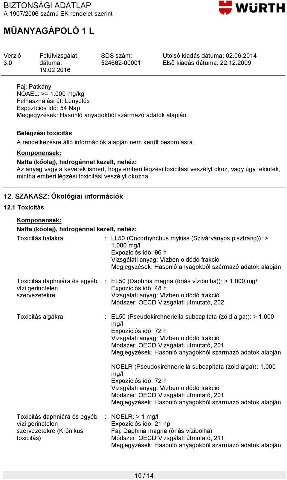 toxicitási veszélyt okozna. 12. SZAKASZ: Ökológiai információk 12.1 Toxicitás Toxicitás halakra : LL50 (Oncorhynchus mykiss (Szivárványos pisztráng)): > 1.