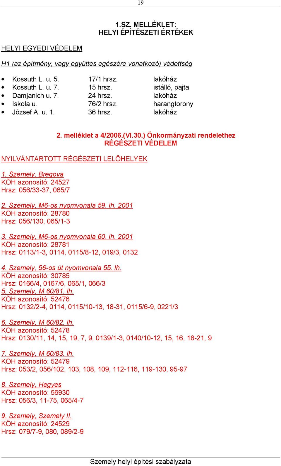 ) Önkormányzati rendelethez RÉGÉSZETI VÉDELEM NYILVÁNTARTOTT RÉGÉSZETI LELÕHELYEK 1. Szemely, Bregova KÖH azonosító: 24527 Hrsz: 056/33-37, 065/7 2. Szemely, M6-os nyomvonala 59. lh.