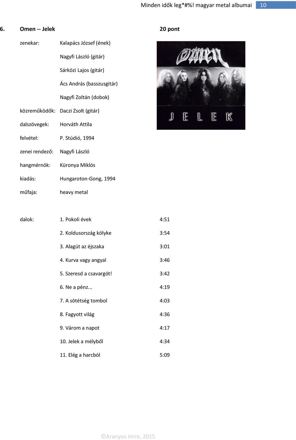 Stúdió, 1994 Nagyfi László Küronya Miklós kiadás: Hungaroton-Gong, 1994 heavy metal dalok: 1. Pokoli évek 4:51 2. Koldusország kölyke 3:54 3.