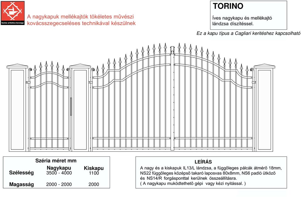 2000-2000 2000 A nagy és a kiskapuk IL13/L lándzsa, a függõleges pálcák átmérõ 18mm, NS22