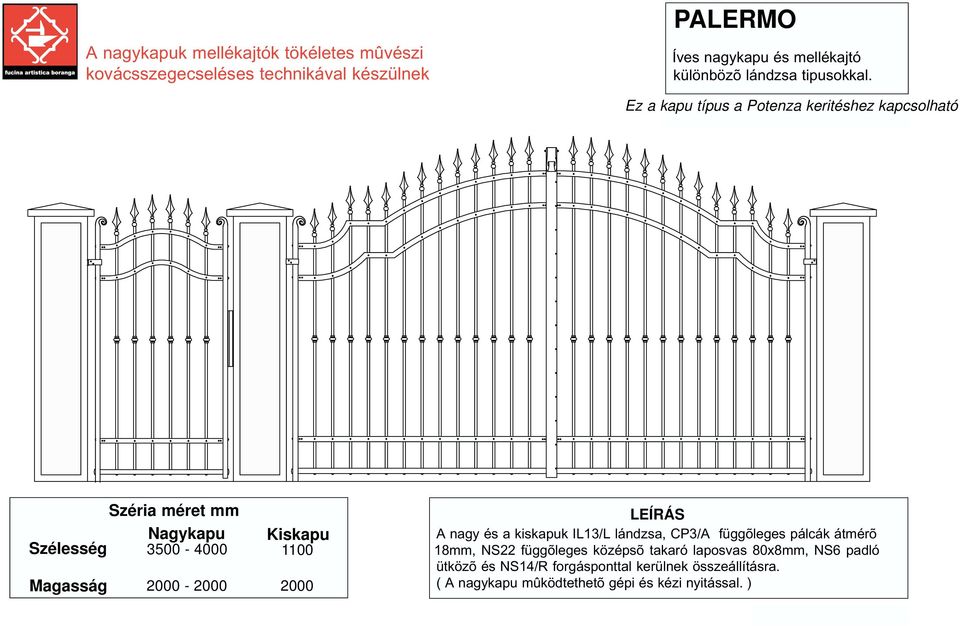 2000 A nagy és a kiskapuk IL13/L lándzsa, CP3/A függõleges pálcák átmérõ 18mm, NS22