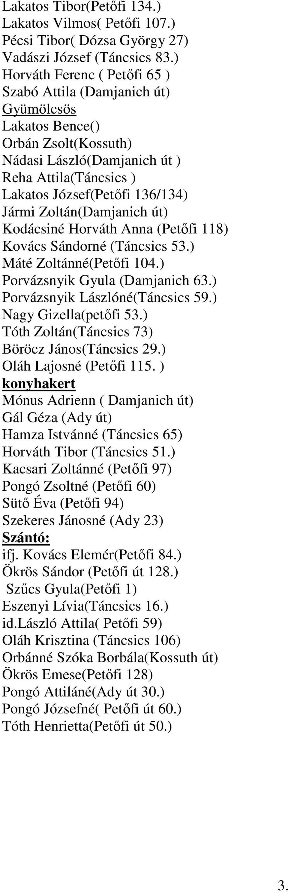 Zoltán(Damjanich út) Kodácsiné Horváth Anna (Petőfi 118) Kovács Sándorné (Táncsics 53.) Máté Zoltánné(Petőfi 104.) Porvázsnyik Gyula (Damjanich 63.) Porvázsnyik Lászlóné(Táncsics 59.