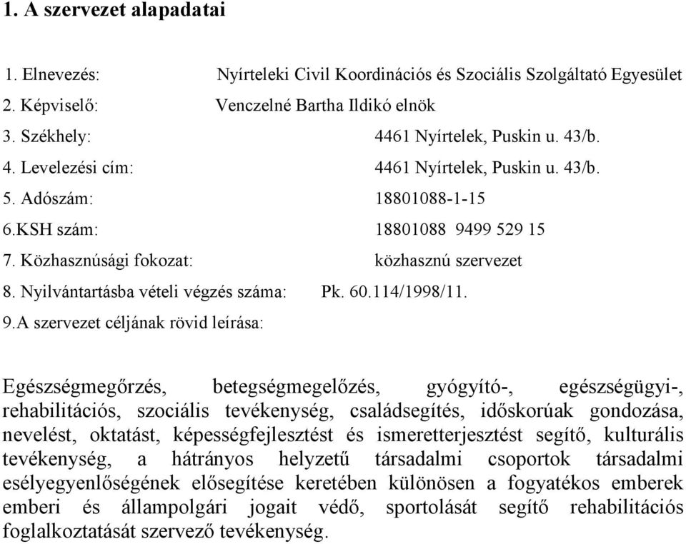 Nyilvántartásba vételi végzés száma: Pk. 60.114/1998/11. 9.