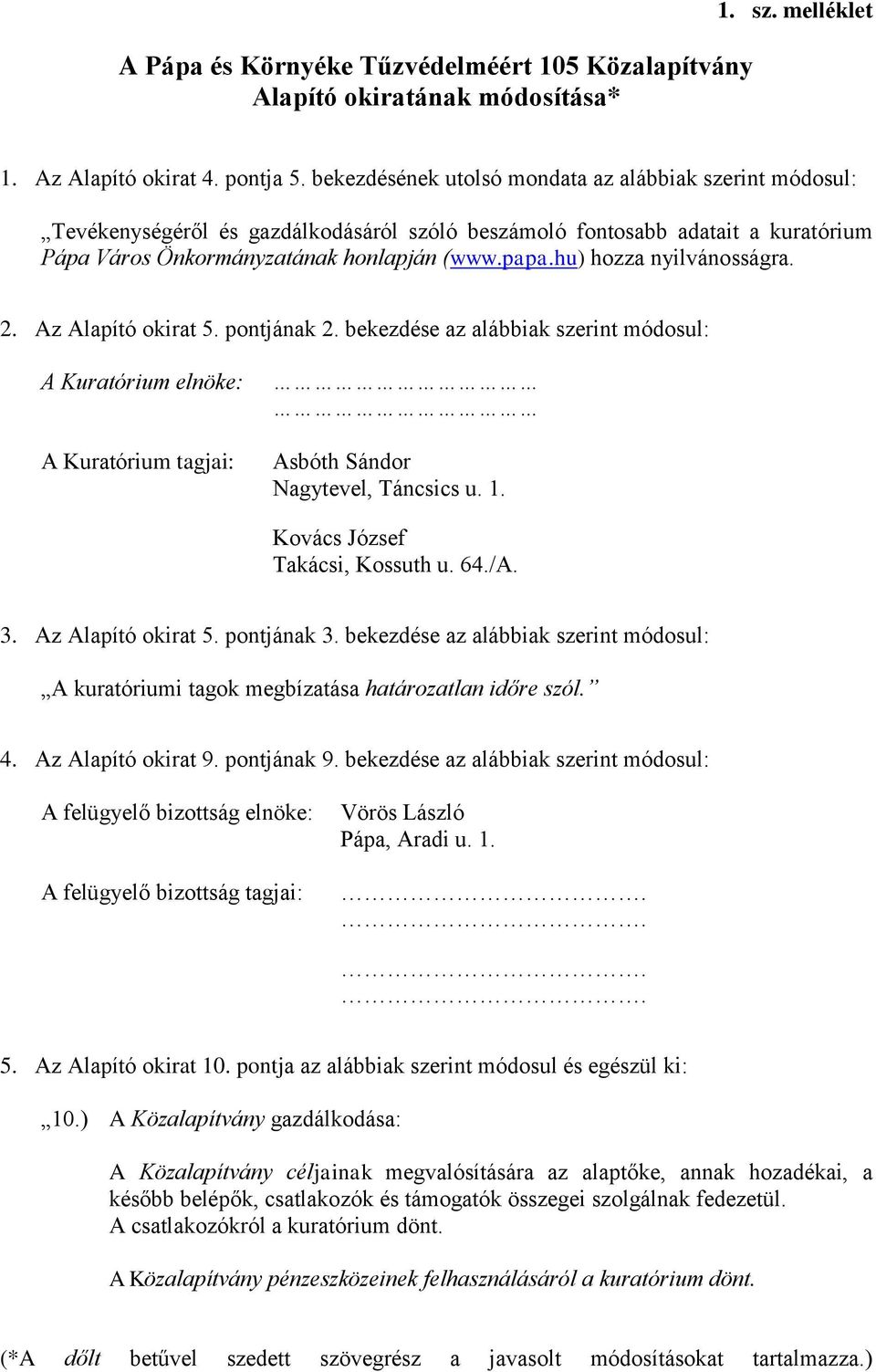 hu) hozza nyilvánosságra. 2. Az Alapító okirat 5. pontjának 2. bekezdése az alábbiak szerint módosul: A Kuratórium elnöke: A Kuratórium tagjai: Asbóth Sándor Nagytevel, Táncsics u. 1.