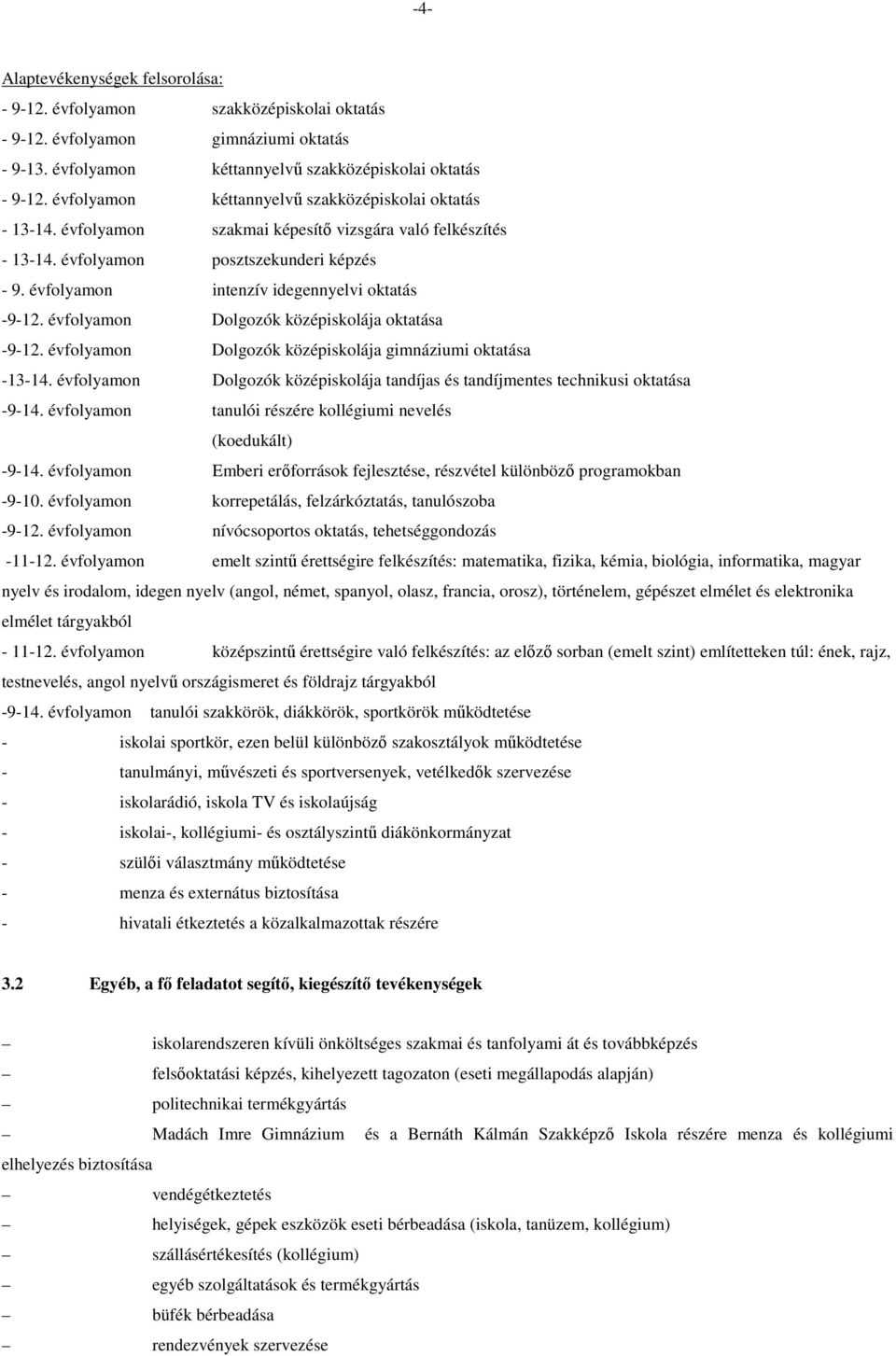 évfolyamon intenzív idegennyelvi oktatás -9-12. évfolyamon Dolgozók középiskolája oktatása -9-12. évfolyamon Dolgozók középiskolája gimnáziumi oktatása -13-14.