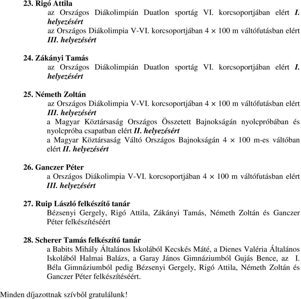 a Magyar Köztársaság Országos Összetett Bajnokságán nyolcpróbában és nyolcpróba csapatban elért II. a Magyar Köztársaság Váltó Országos Bajnokságán 4 100 m-es váltóban elért II. 26.