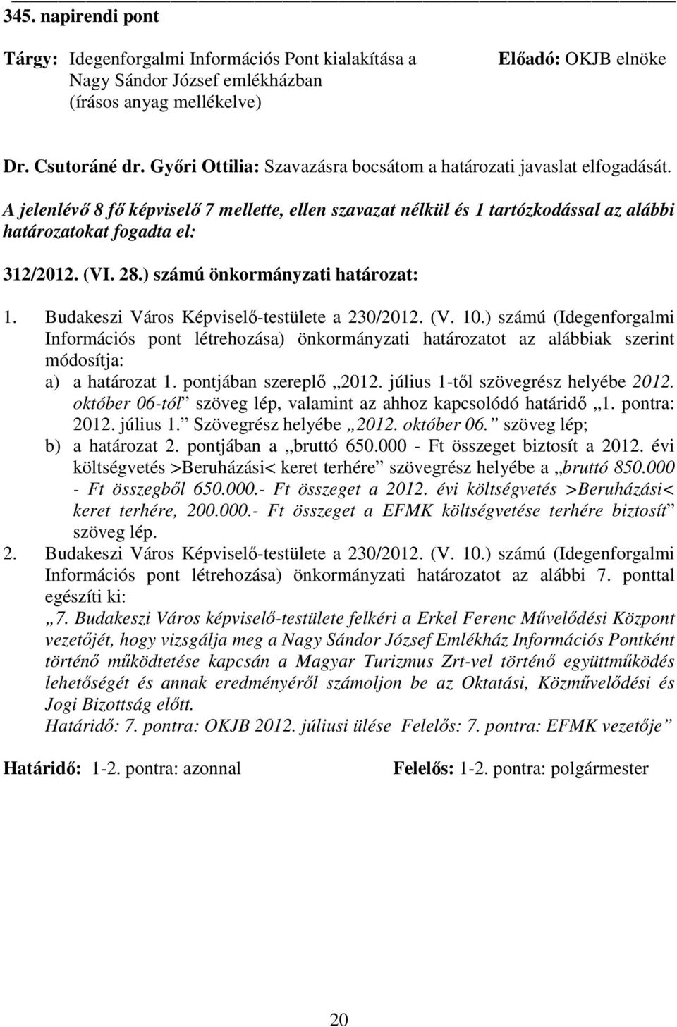 (VI. 28.) számú önkormányzati határozat: 1. Budakeszi Város Képviselı-testülete a 230/2012. (V. 10.