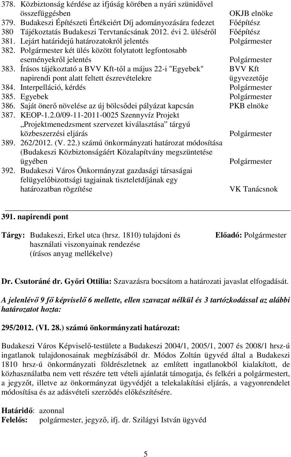 Lejárt határidejő határozatokról jelentés Polgármester 382. Polgármester két ülés között folytatott legfontosabb eseményekrıl jelentés Polgármester 383.