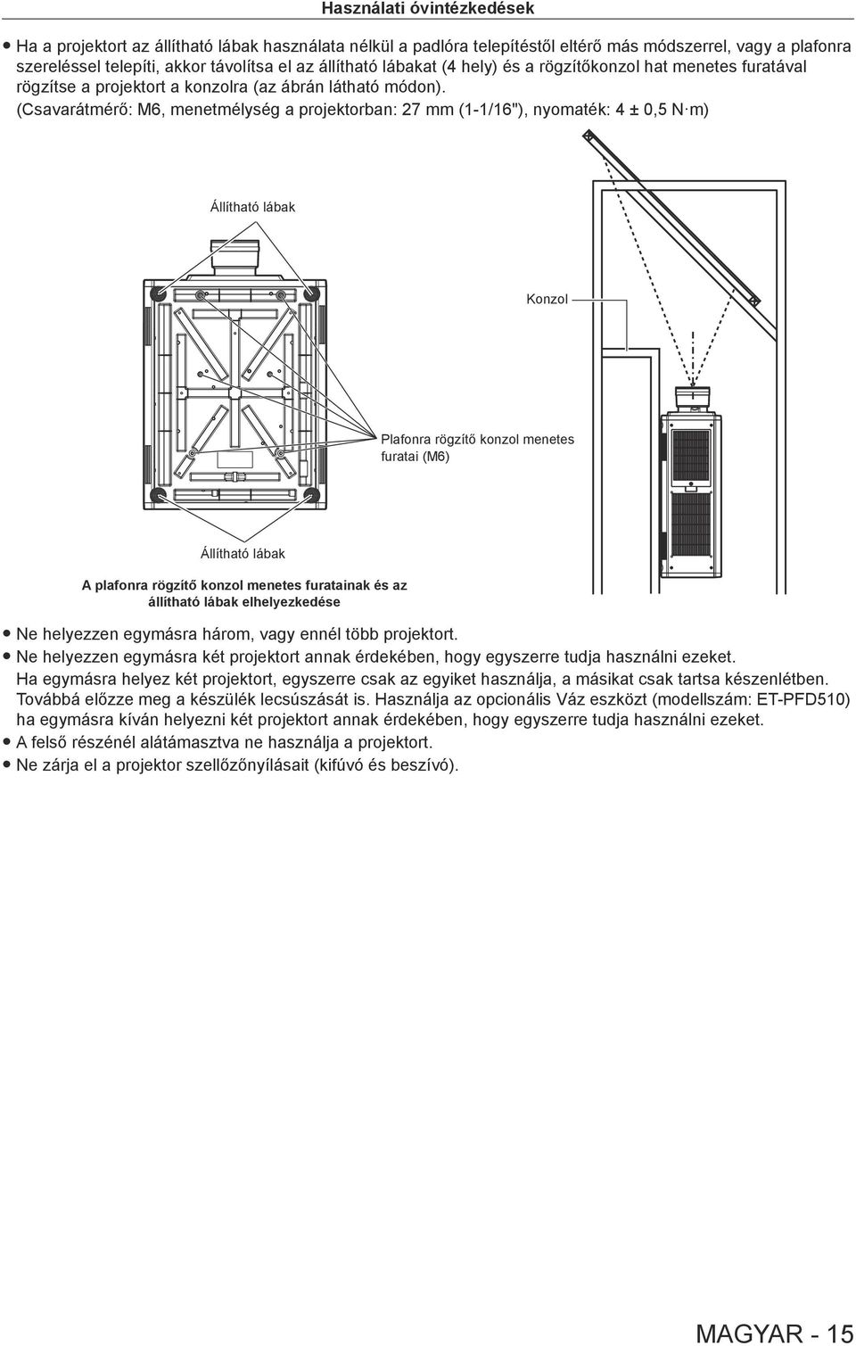 (Csavarátmérő: M6, menetmélység a projektorban: 27 mm (1-1/16"), nyomaték: 4 ± 0,5 N m) Állítható lábak Konzol Plafonra rögzítő konzol menetes furatai (M6) Állítható lábak A plafonra rögzítő konzol