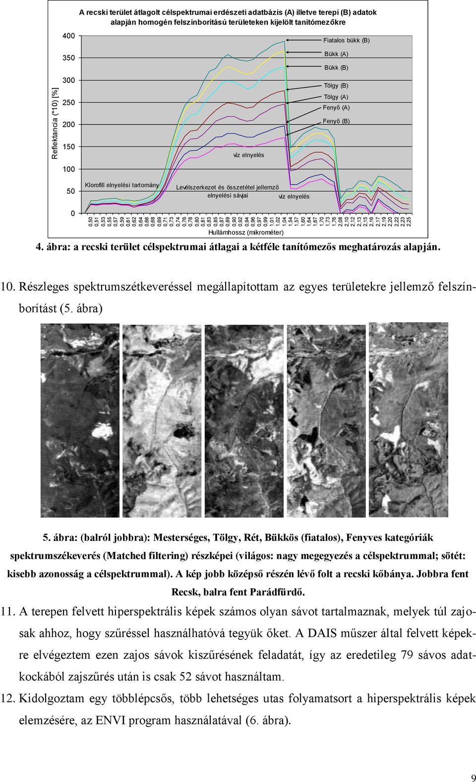 homogén felszínborítású területeken kijelölt tanítómezőkre Fiatalos bükk (B) Bükk (A) Bükk (B) Tölgy (B) Tölgy (A) Fenyő (A) 200 Fenyő (B) 150 100 50 0 Klorofill elnyelési tartomány víz elnyelés