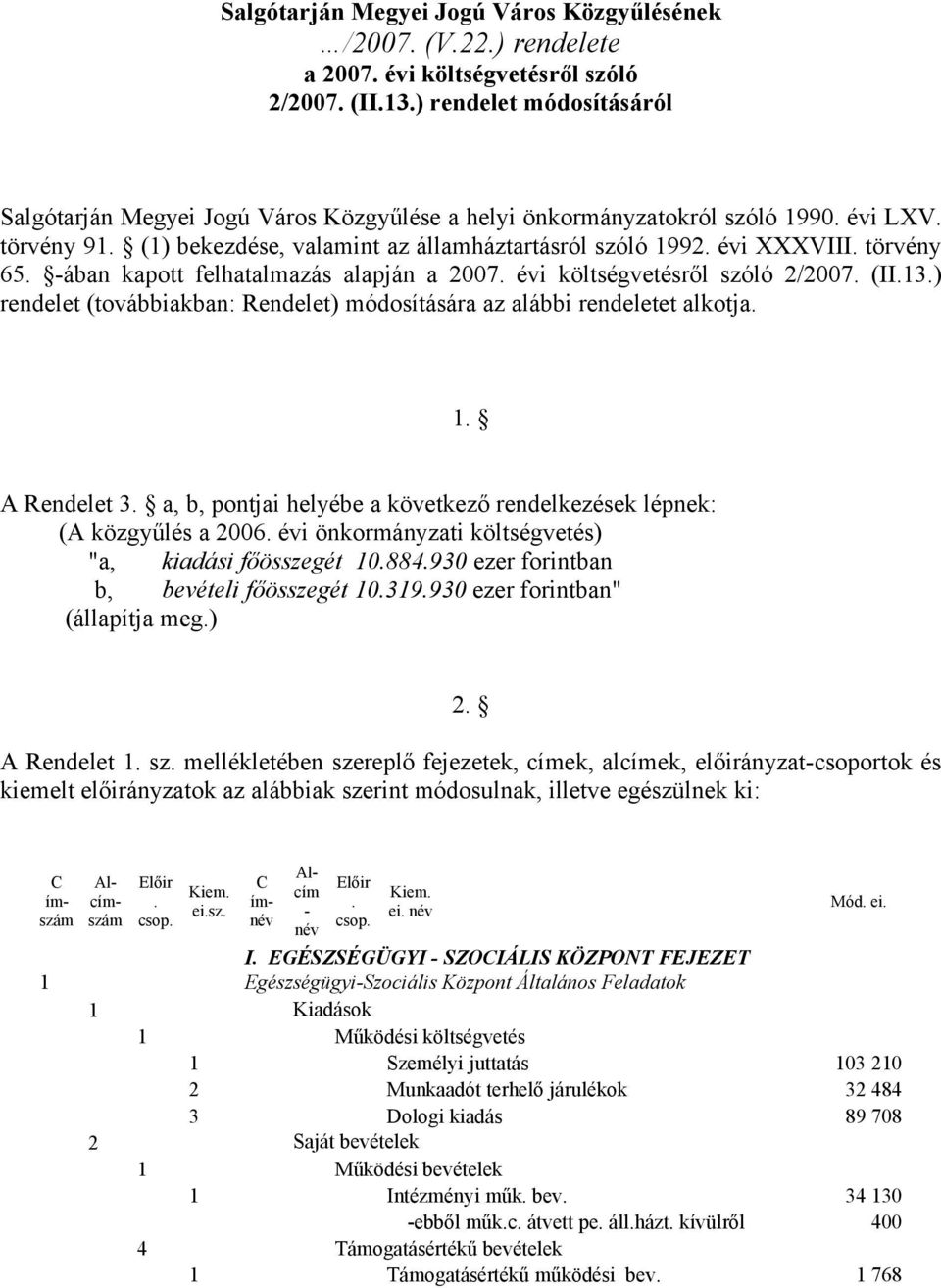 törvény 65. -ában kapott felhatalmazás alapján a 2007. évi költségvetésről szóló 2/2007. (II.13.) rendelet (továbbiakban: Rendelet) módosítására az alábbi rendeletet alkotja. 1. A Rendelet 3.