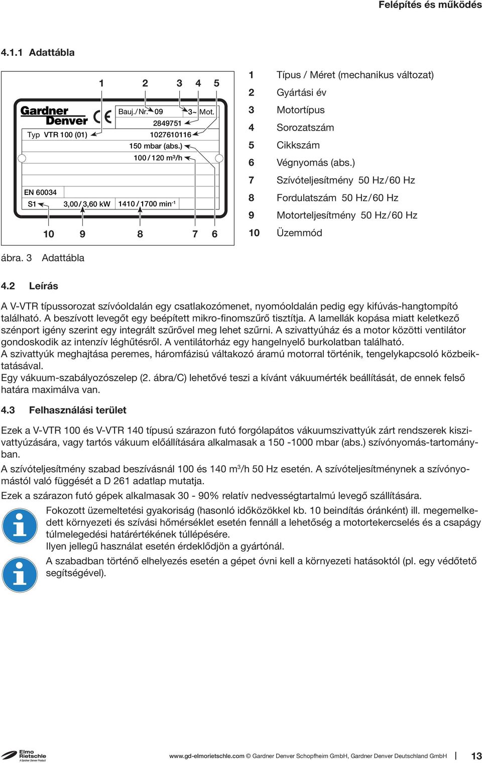 ) 7 Szívóteljesítmény 50 Hz/60 Hz EN 60034 S1 3,00/ 3,60 kw 1410 / 1700 min -1 8 Fordulatszám 50 Hz/60 Hz 9 Motorteljesítmény 50 Hz/60 Hz 10 9 8 7 6 10 Üzemmód ábra. 3 Adattábla 4.