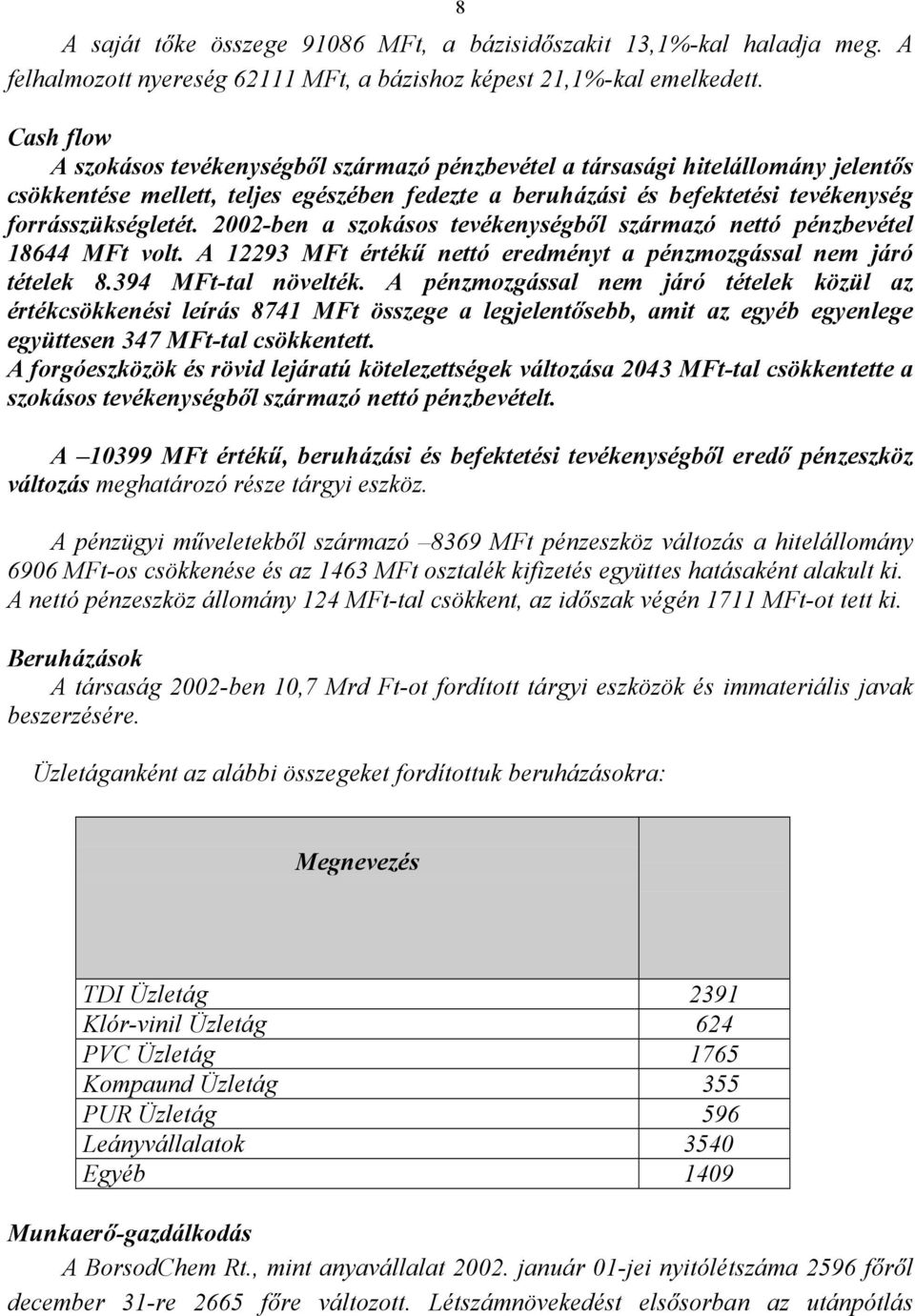 2002-ben a szokásos tevékenységből származó nettó pénzbevétel 18644 MFt volt. A 12293 MFt értékű nettó eredményt a pénzmozgással nem járó tételek 8.394 MFt-tal növelték.