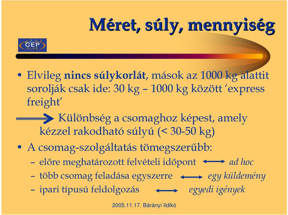 rakodható súlyú (< 30-50 kg) A csomag-szolgáltatás tömegszerűbb: előre meghatározott