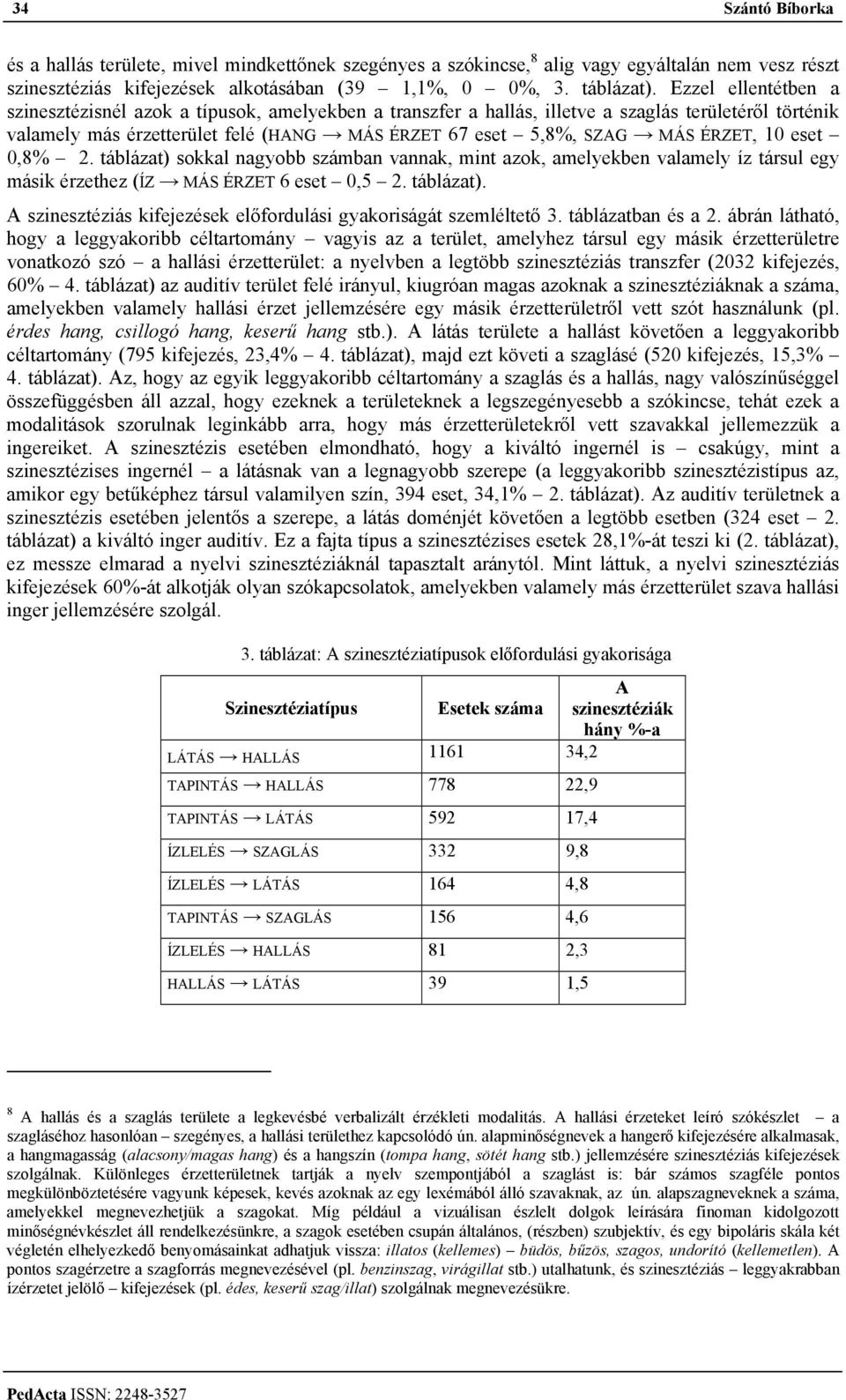 ÉRZET, 10 eset 0,8% 2. táblázat) sokkal nagyobb számban vannak, mint azok, amelyekben valamely íz társul egy másik érzethez (ÍZ MÁS ÉRZET 6 eset 0,5 2. táblázat). A szinesztéziás kifejezések előfordulási gyakoriságát szemléltető 3.