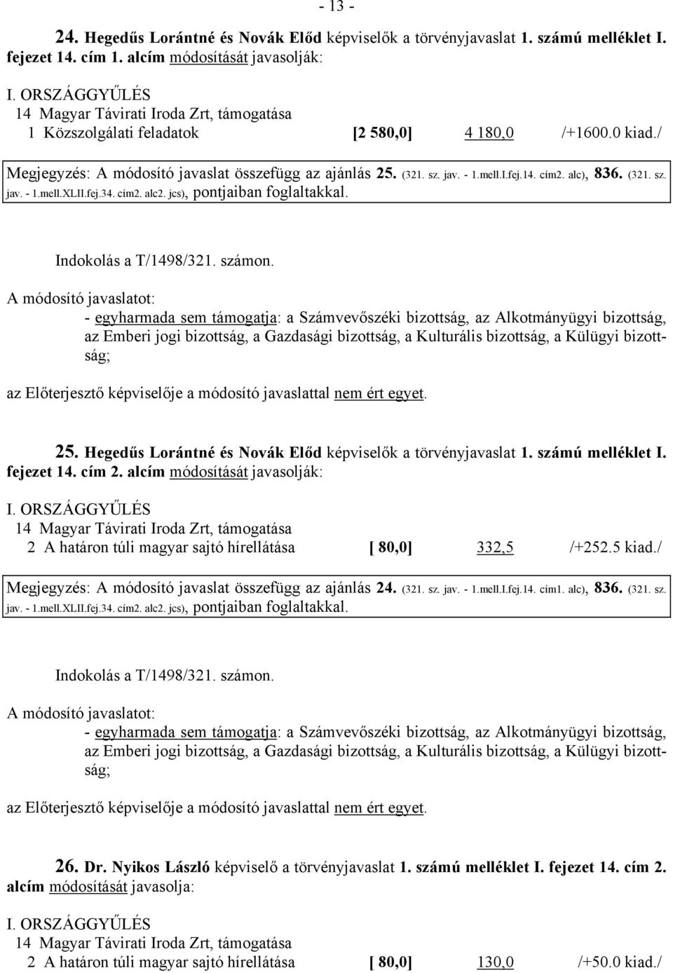 14. cím2. alc), 836. (321. sz. jav. - 1.mell.XLII.fej.34. cím2. alc2. jcs), pontjaiban foglaltakkal. Indokolás a T/1498/321. számon.