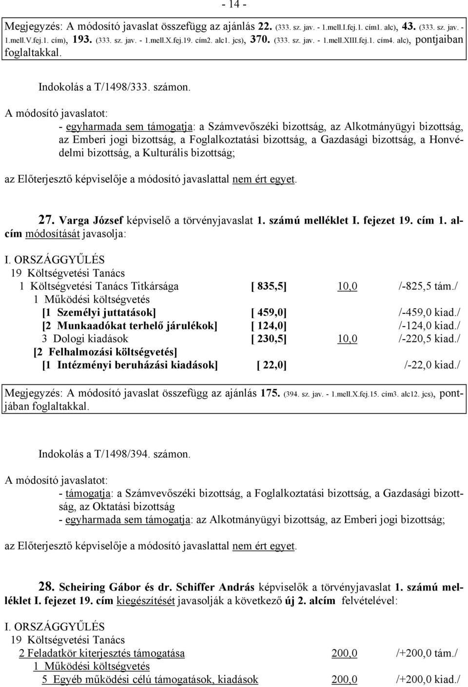 az Emberi jogi bizottság, a Foglalkoztatási bizottság, a Gazdasági bizottság, a Honvédelmi bizottság, a Kulturális bizottság; 27. Varga József képviselő a törvényjavaslat 1. számú melléklet I.