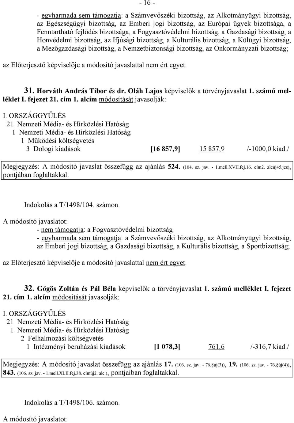 Oláh Lajos képviselők a törvényjavaslat 1. számú melléklet I. fejezet 21. cím 1. alcím módosítását javasolják: I.