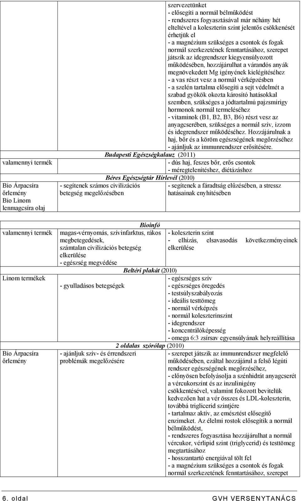 (2010) - gyulladásos betegségek - ajánljuk szív- és érrendszeri problémák megelızésére 2 oldalas szórólap (2010) szervezetünket - elısegíti a normál bélmőködést - rendszeres fogyasztásával már néhány