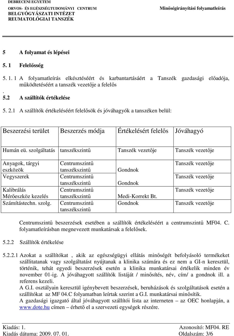 szolgáltatás Anyagok, tárgyi eszközök Vegyszerek Kalibrálás Mérőeszköz kezelés Számítástechn. szolg. Gondnok Gondnok Medi-Korrekt Bt.