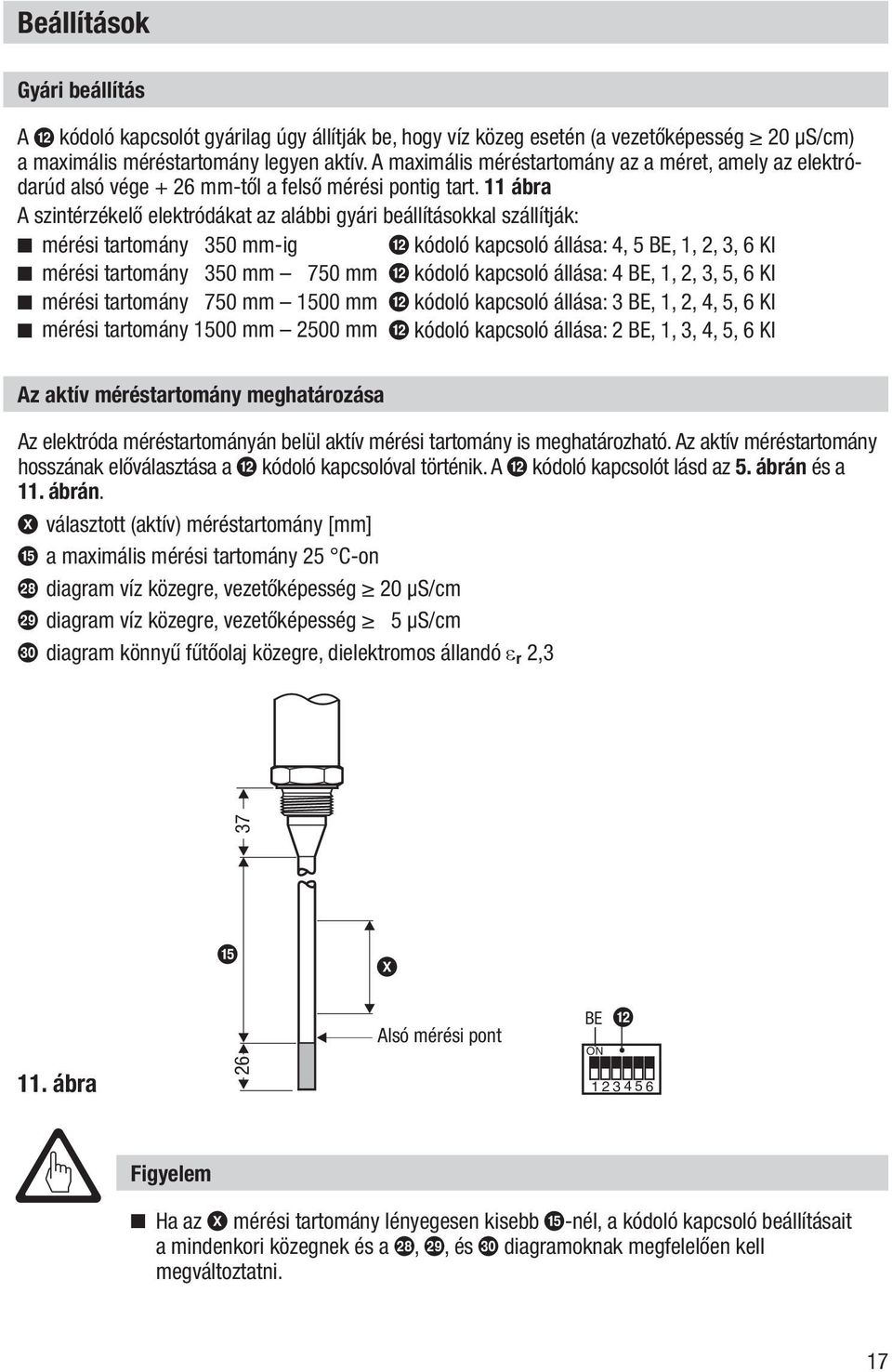 11 ábra A szintérzékelő elektródákat az alábbi gyári beállításokkal szállítják: mérési tartomány 350 mm-ig b kódoló kapcsoló állása: 4, 5 BE, 1, 2, 3, 6 KI mérési tartomány 350 mm 750 mm b kódoló