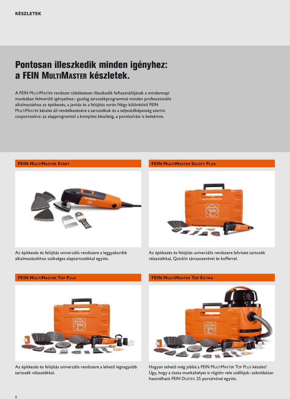 és a felújítás során Négy különböző FEIN MULTIMASTER készlet áll rendelkezésére a tartozékok és a teljesítőképesség szerint csoportosítva: az alapprogramtól a komplett készletig, a porelszívást is